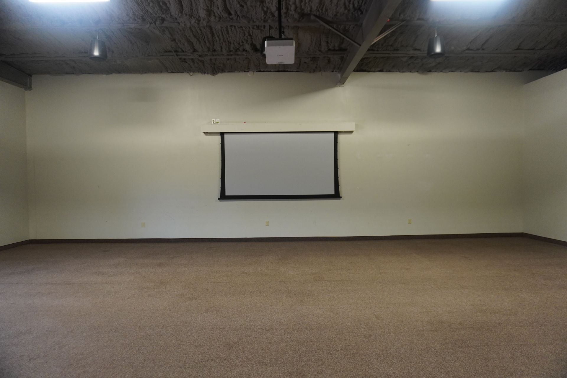 Empty room with a pull-down projector screen on a blank wall and carpeted floor