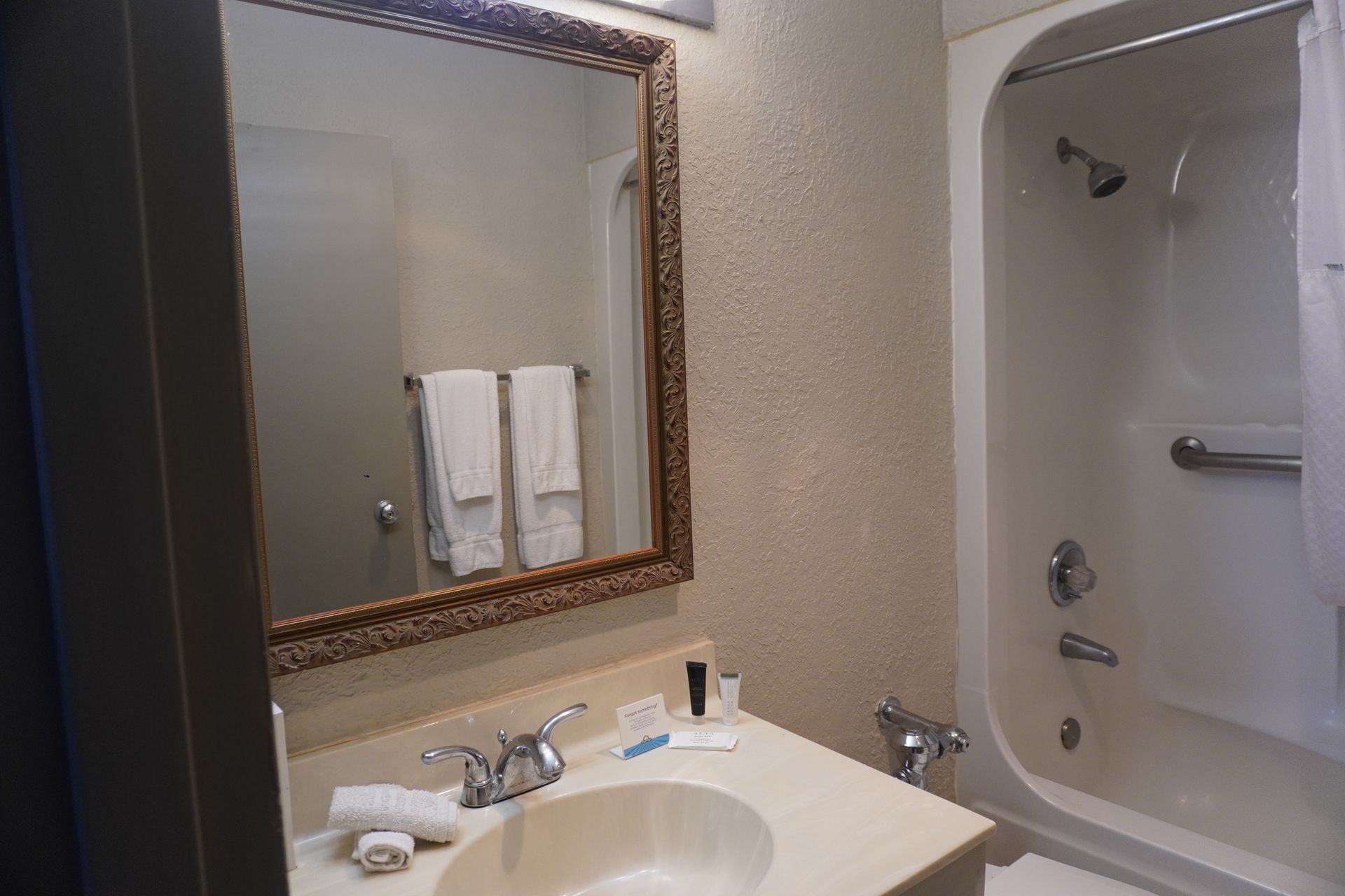 Bathroom with vanity sink, large mirror, and a white bathtub/shower on the right.