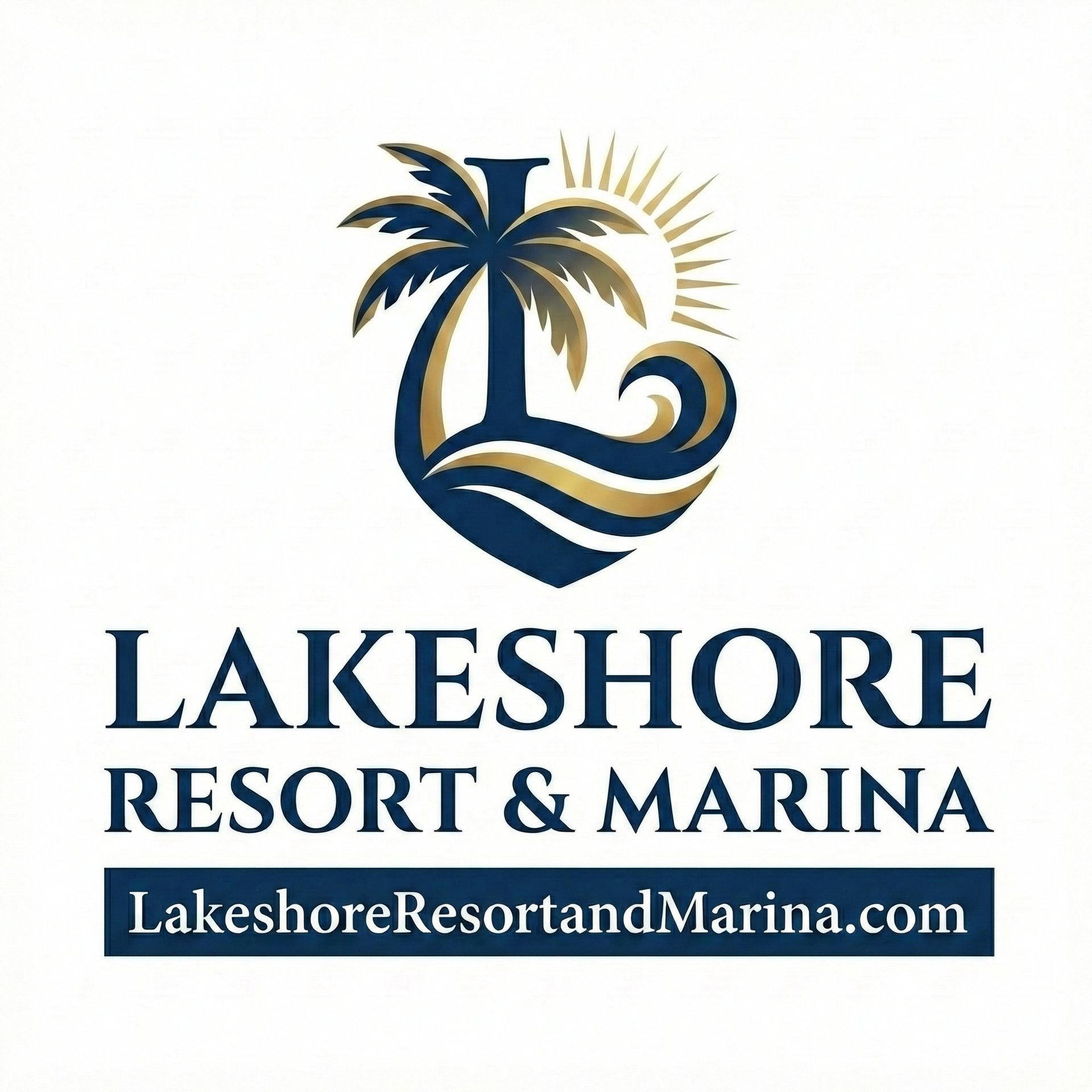 Lakeshore Resort & Marina logo with blue palm tree and gold sun over water, plus website URL