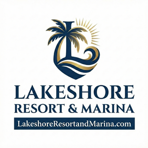Lakeshore Resort & Marina logo with blue palm tree and gold sun over water, plus website URL