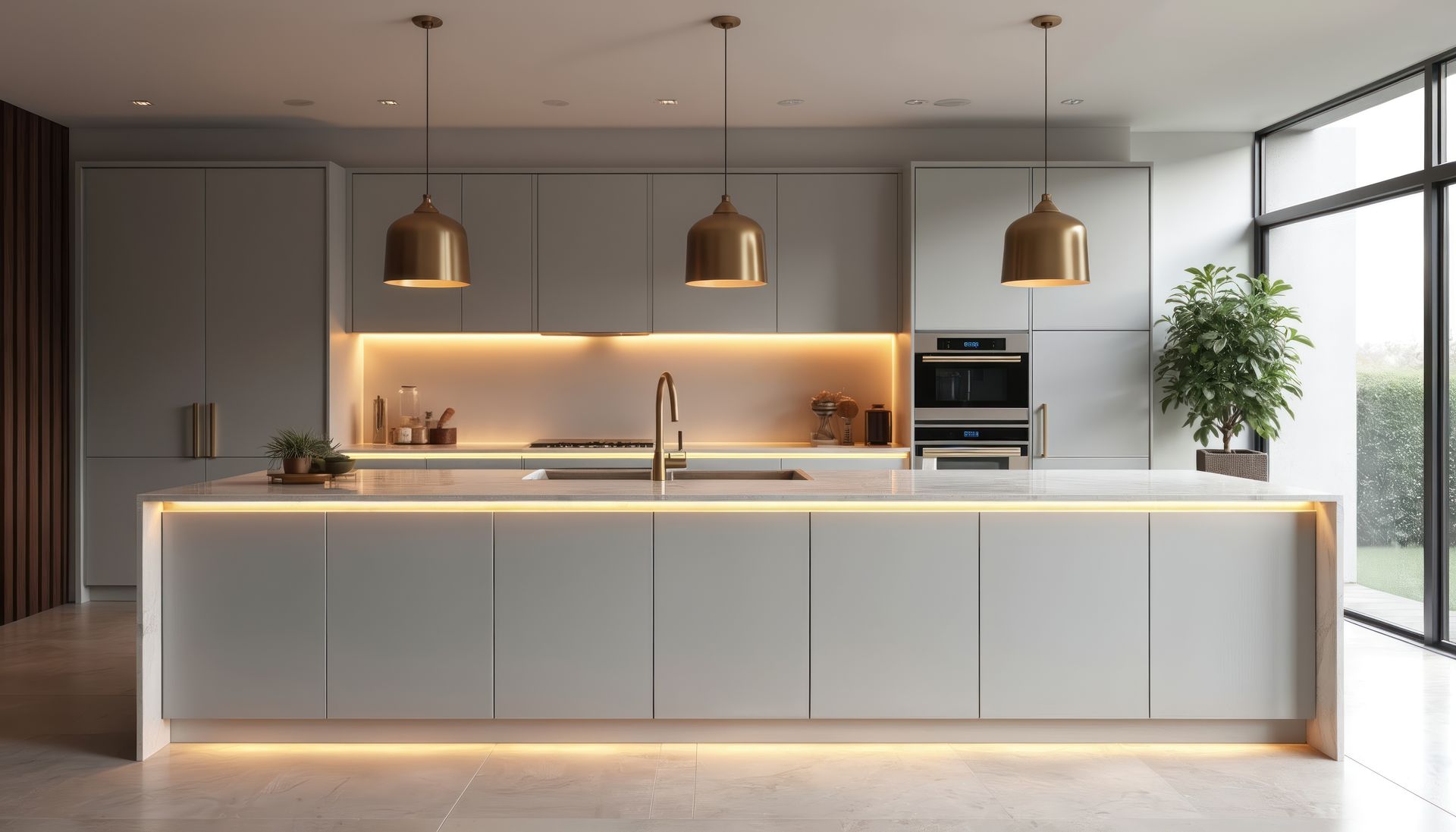 Modern kitchen with light gray cabinetry, gold pendant lights, and a large island. Modern kitchen with light gray cabinetry, gold pendant lights, and a large island.