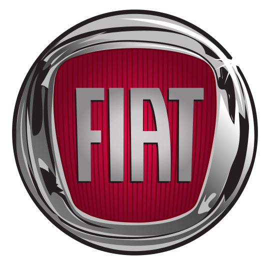 Logo Fiat, cerchio argentato con scritte rosse e argentate.