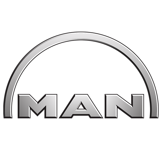 Logo MAN con un arco argentato sopra la parola 