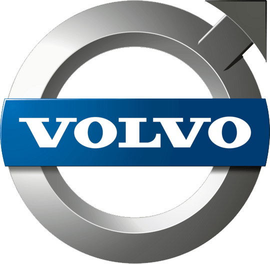 Logo Volvo: cerchio argentato con freccia e rettangolo blu con scritta 