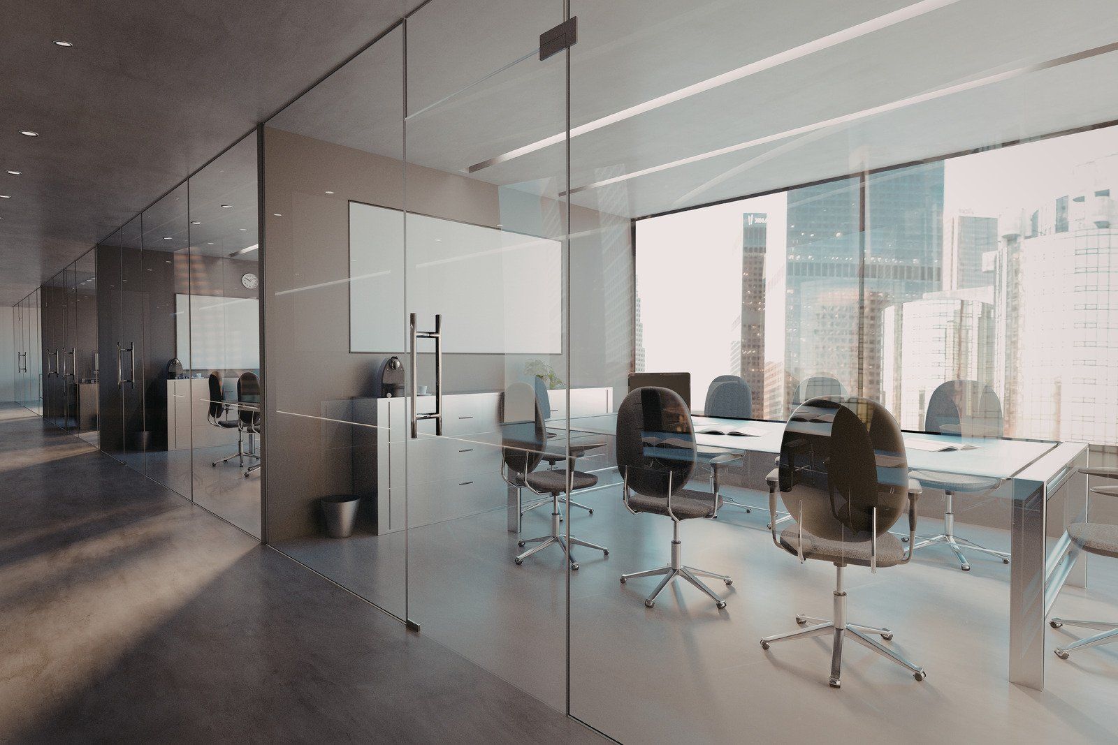 A modern office meeting room with glass walls, a long table, and chairs overlooking a city skyline.