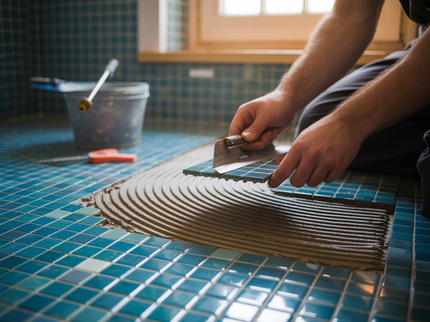 Hands spreading gray mortar on blue tile floor with a notched trowel
