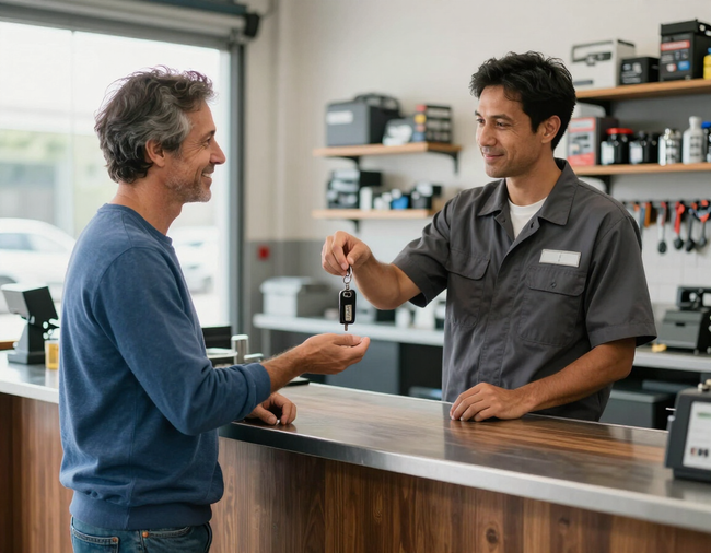 Smiling customer receiving car keys from a mechanic at the shop counter