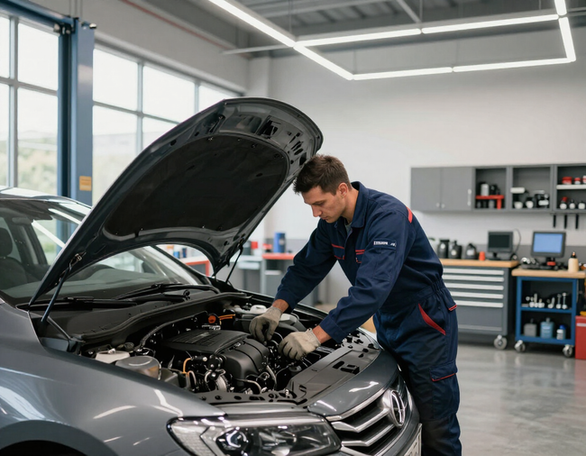 Auto mechanic servicing a car engine in a modern repair shop
