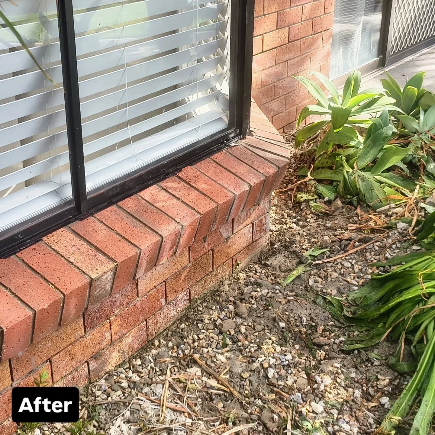 Red brick windowsill next to a window with blinds, with gravel and plants below — Bricks By Dre In Oxenford, QLD
