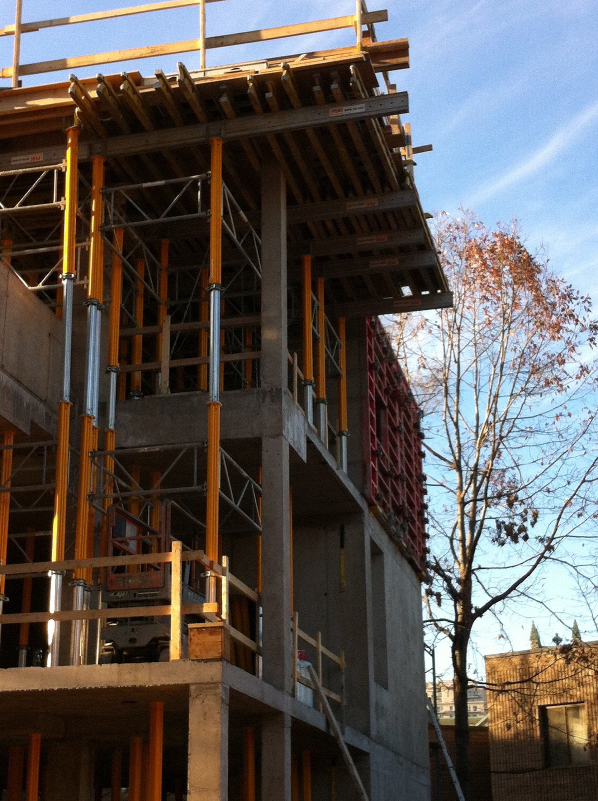 Partially built concrete building with scaffolding and a leafless tree against a blue sky