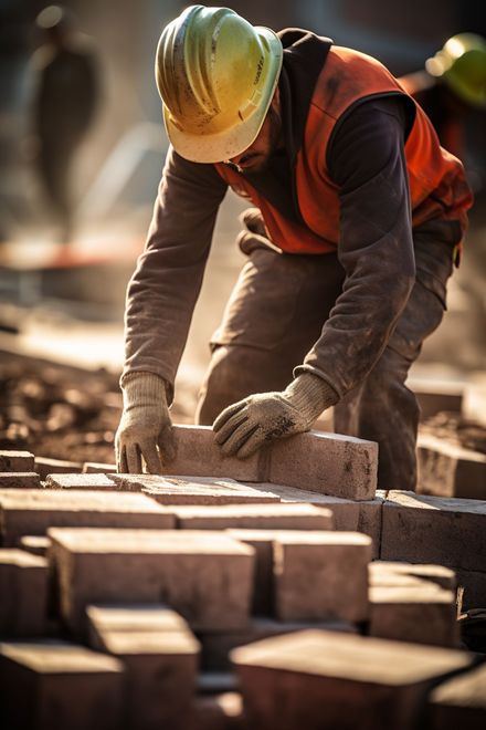 A construction worker is laying bricks on a construction site.