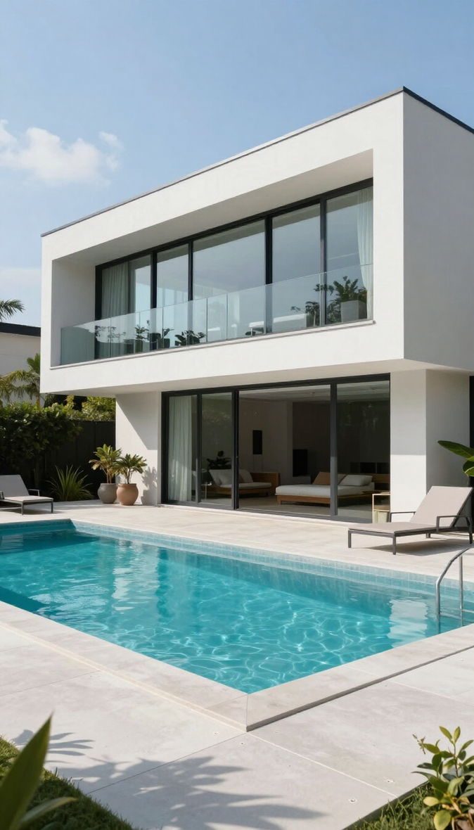 Modern white two-story house with a large glass facade and backyard swimming pool