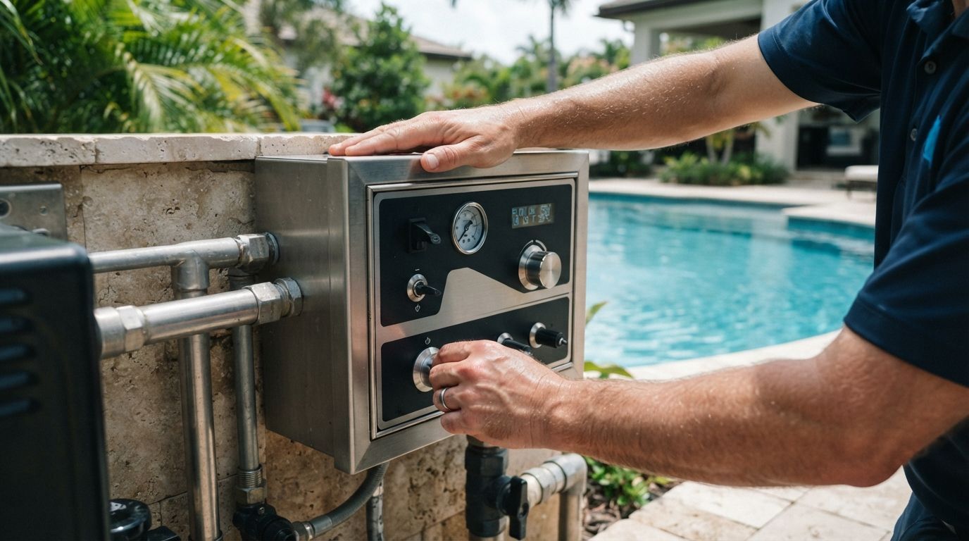 Person adjusting pool control panel beside a swimming pool