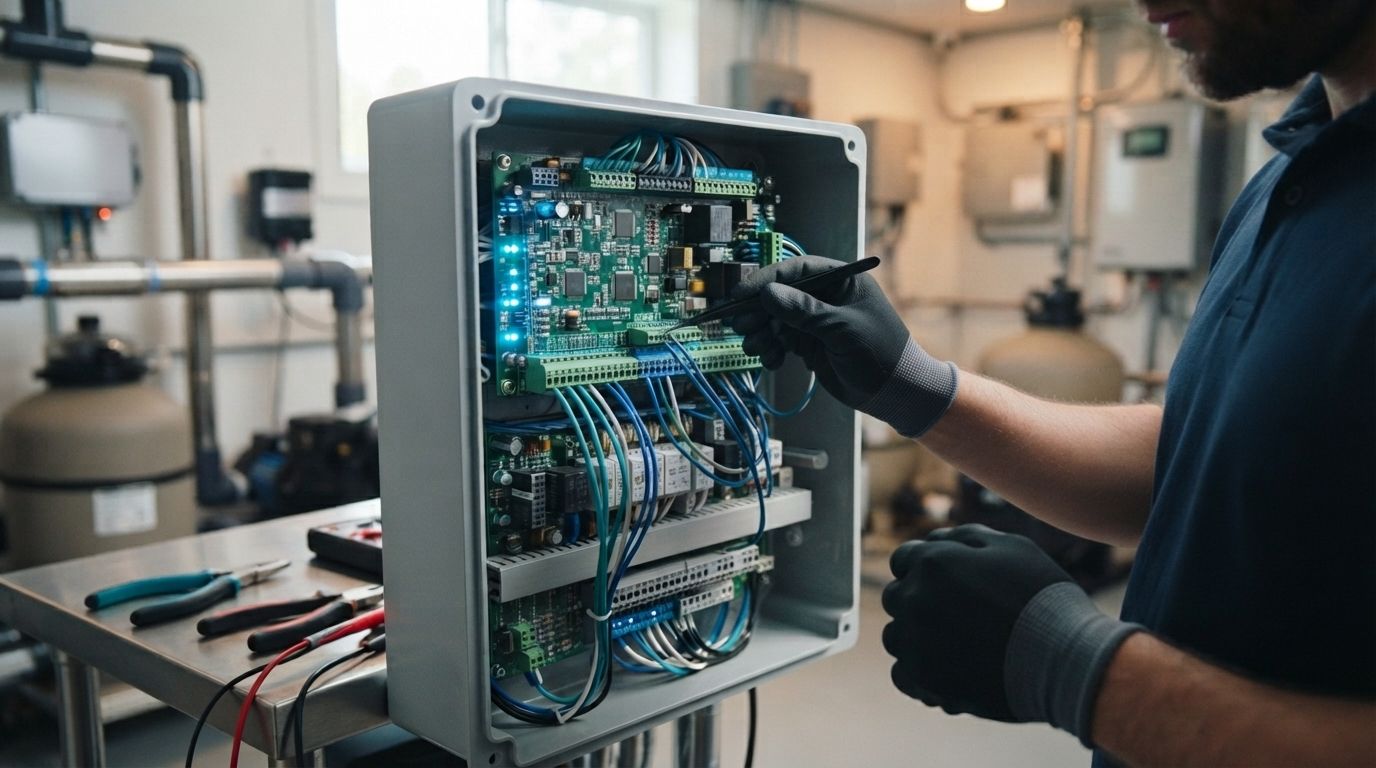 Technician in gloves inspecting wiring inside an open electrical control panel in a workshop