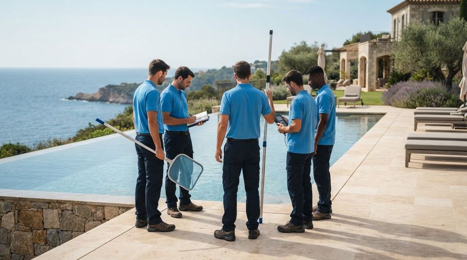Five workers in blue shirts discuss beside a pool overlooking the ocean
