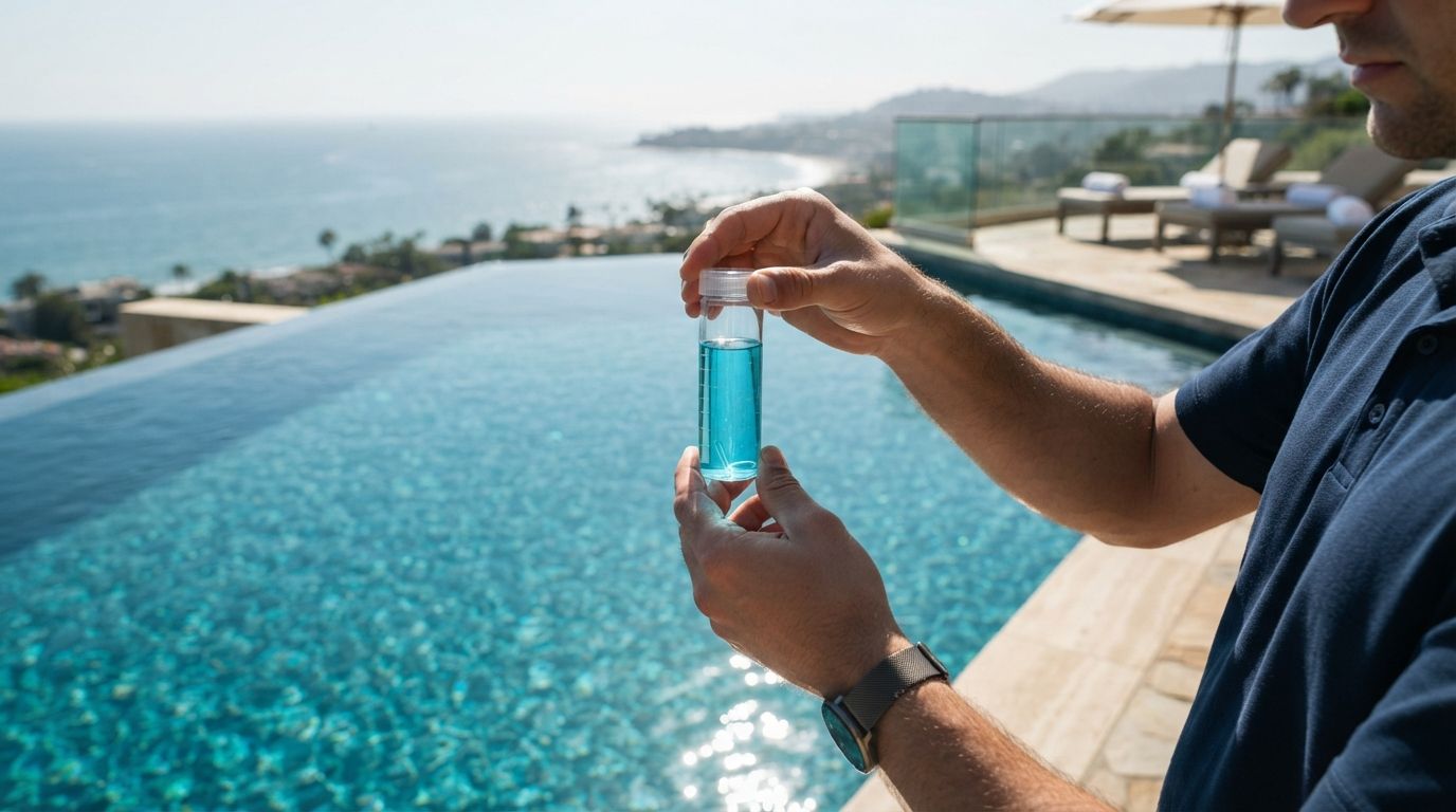 Person holding a vial of blue liquid beside an infinity pool overlooking the ocean