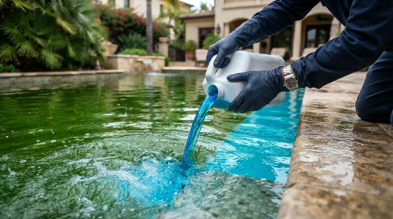 Person wearing gloves pours blue liquid into a green pool from a white container.