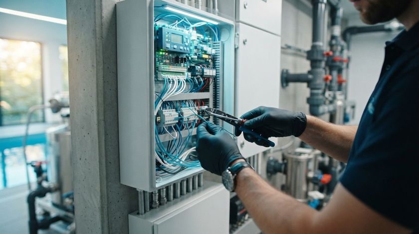 Technician in gloves wiring an open electrical control panel in an industrial setting