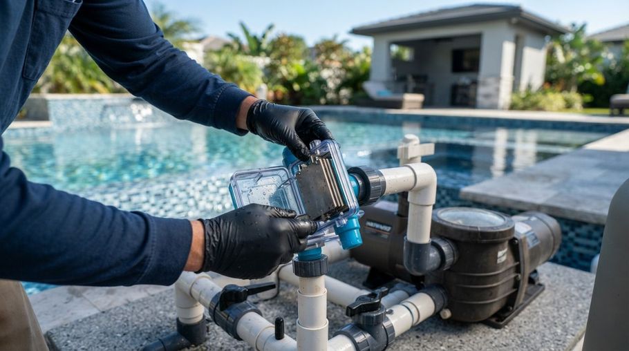 Gloved hands clean a pool pump and filter beside a backyard swimming pool.