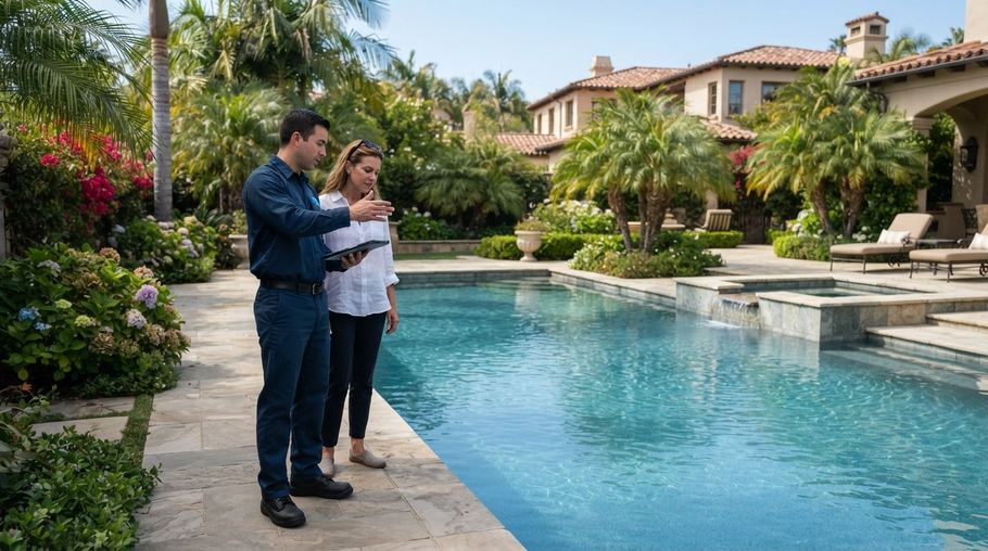 Two people standing by a turquoise pool in a tropical courtyard with palm trees and a villa behind them