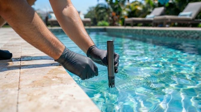 Person in black gloves testing pool water with a digital meter at the pool edge