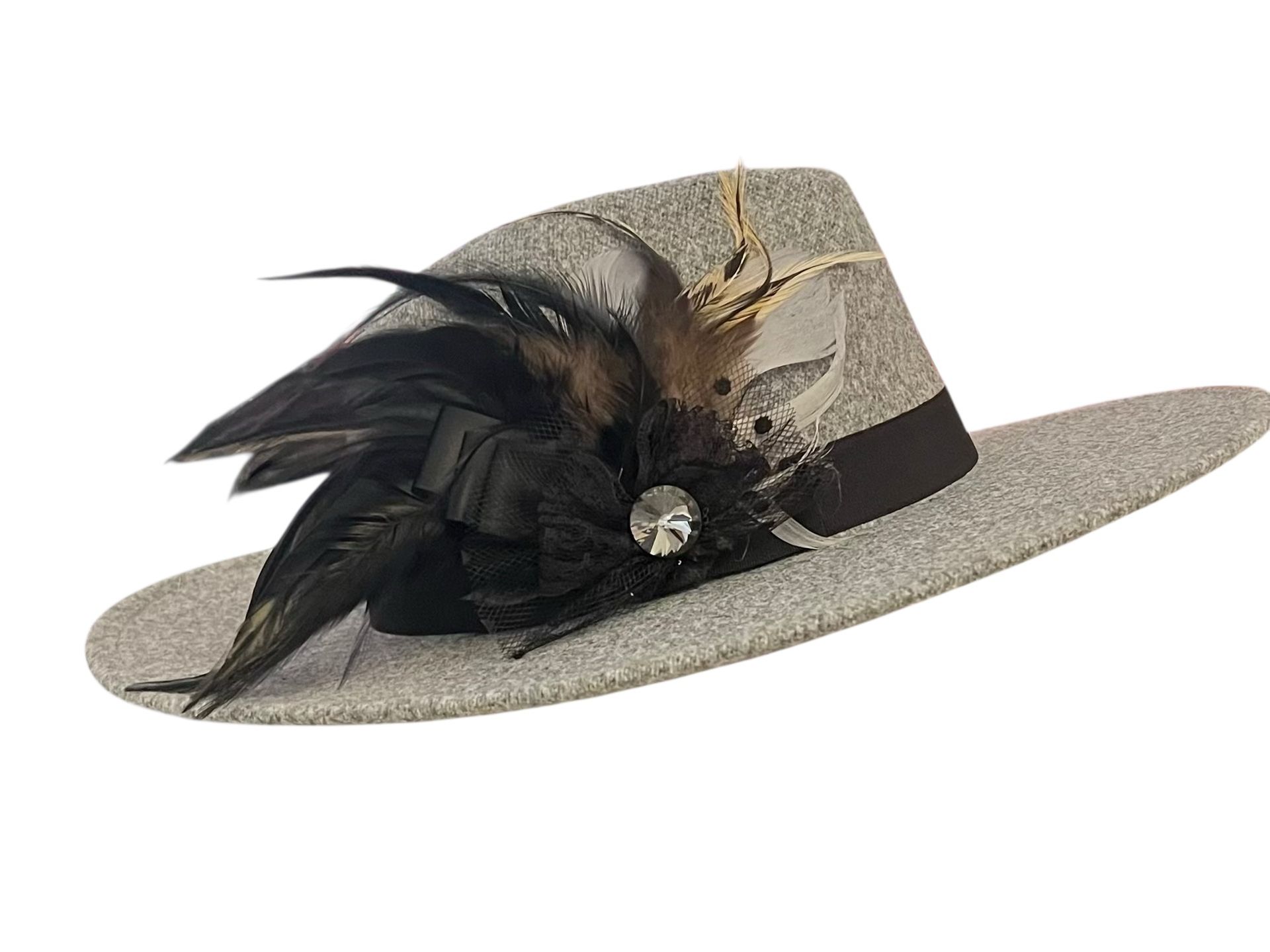 grey felt cowboy style hat with feathered embellishment