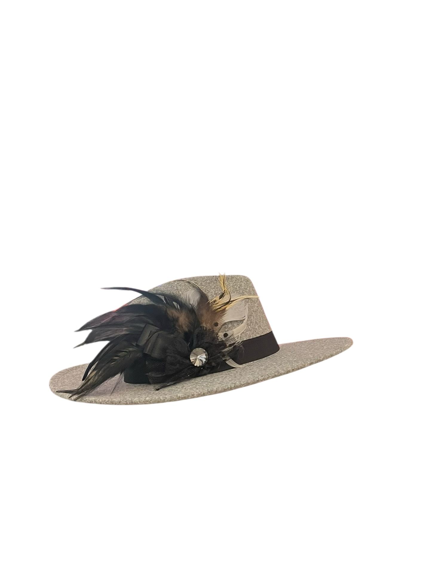 grey felt cowboy style hat with feathered embellishment