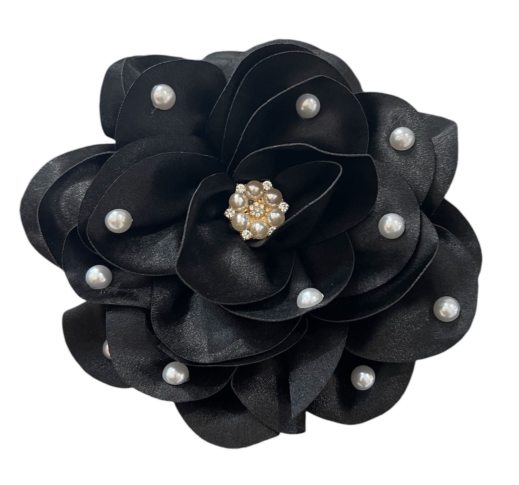Black fabric flower brooch with pearl accents and a jeweled center