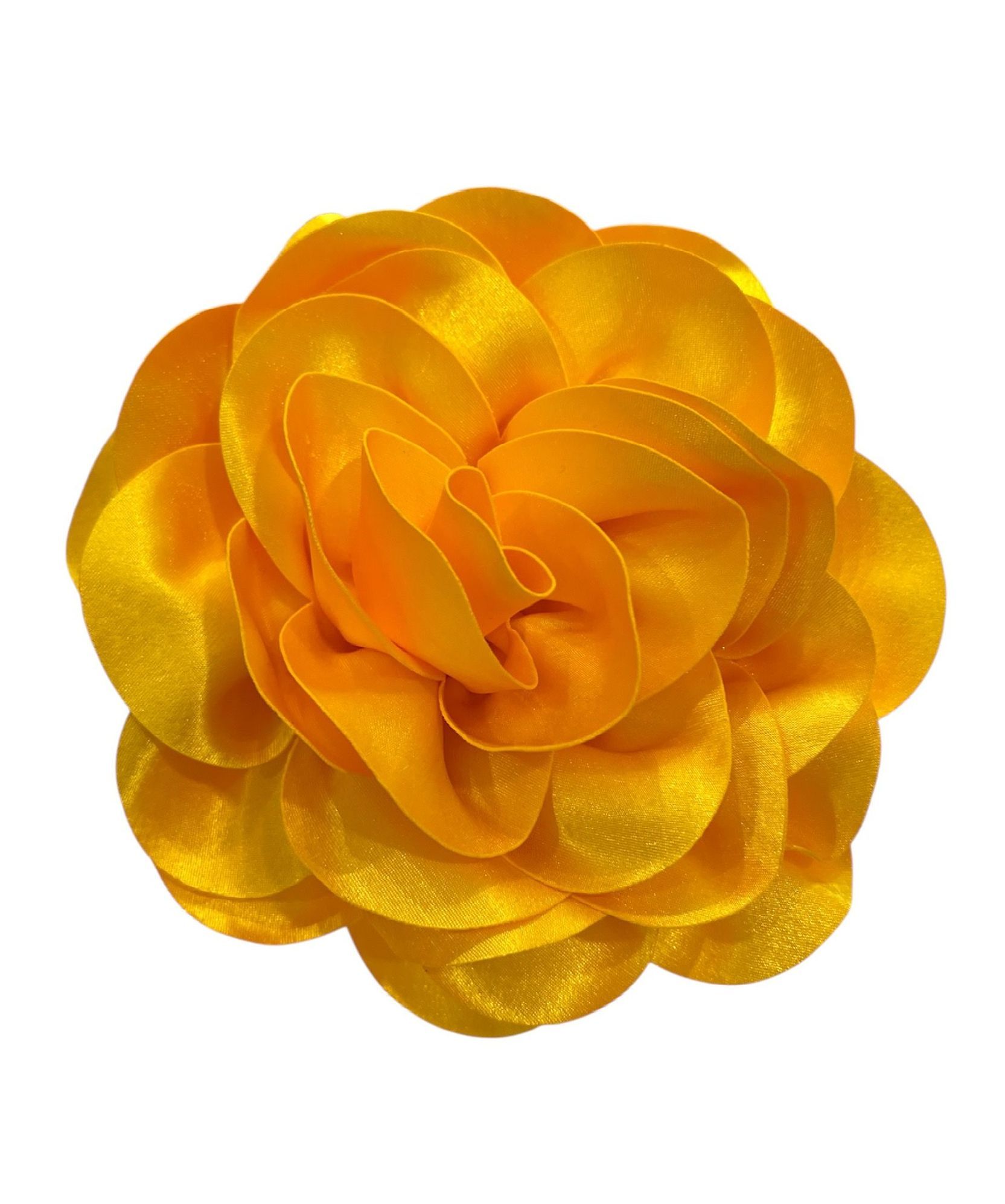 Yellow-orange satin flower with layered petals on a white background