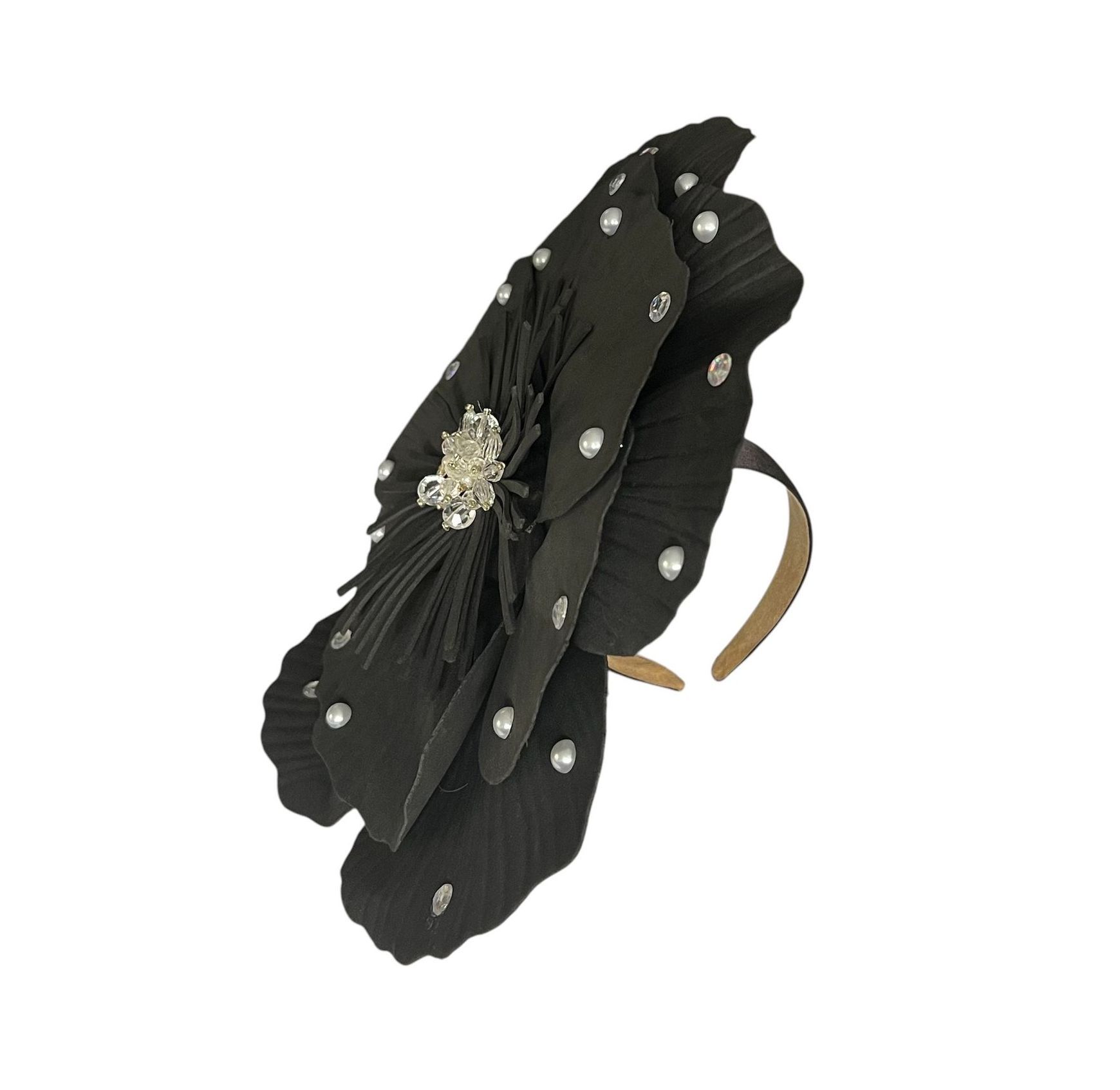 Black fabric flower brooch with silver studs and a jeweled center
