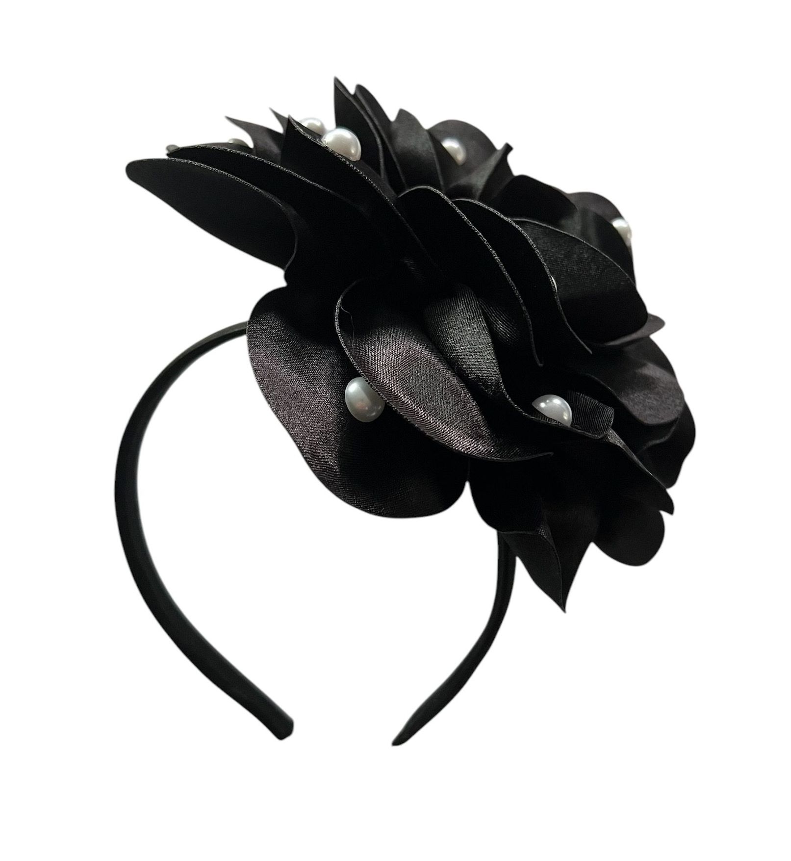 Black fabric flower brooch with pearl accents and a jeweled center