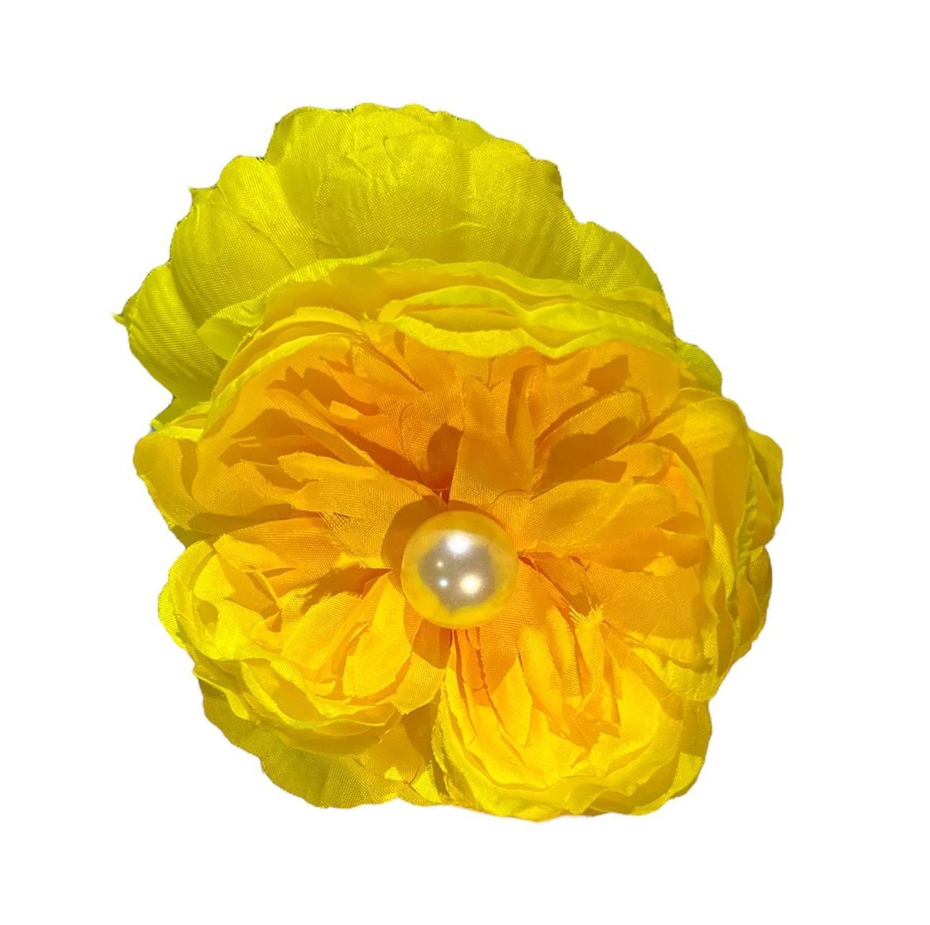 Yellow and orange flower with layered petals and a pearl center on a white background