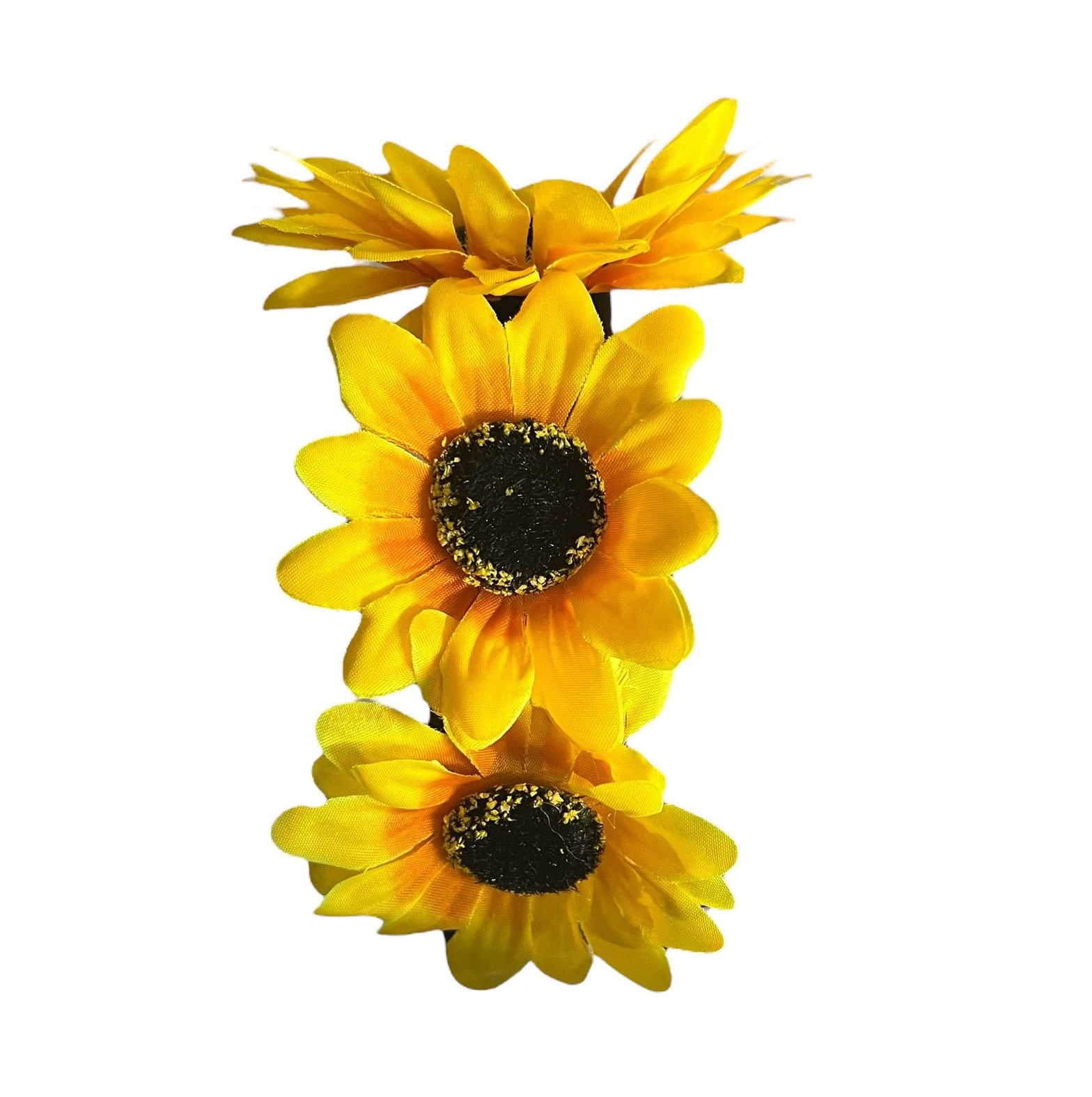 Three yellow sunflowers stacked vertically on a white background