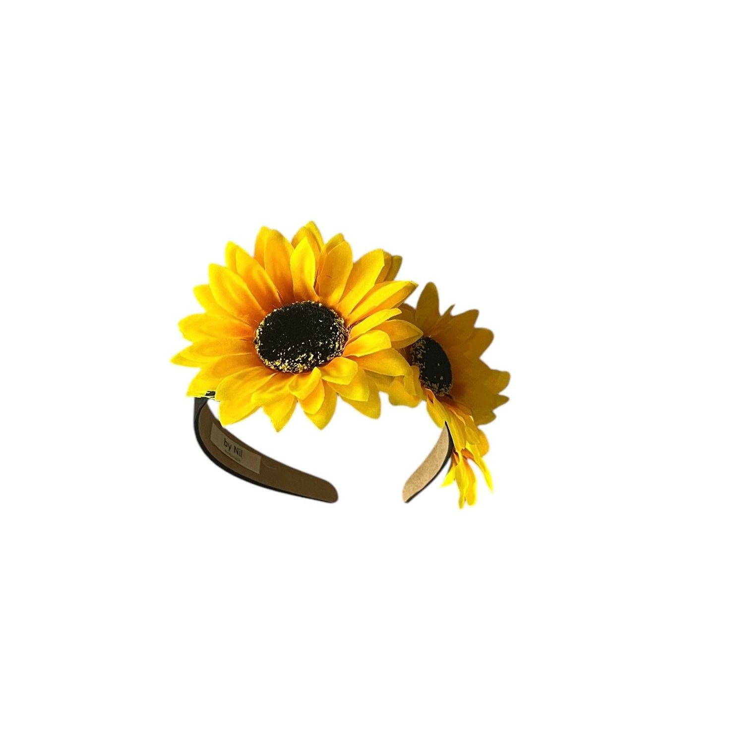 Three yellow sunflowers stacked vertically on a white background