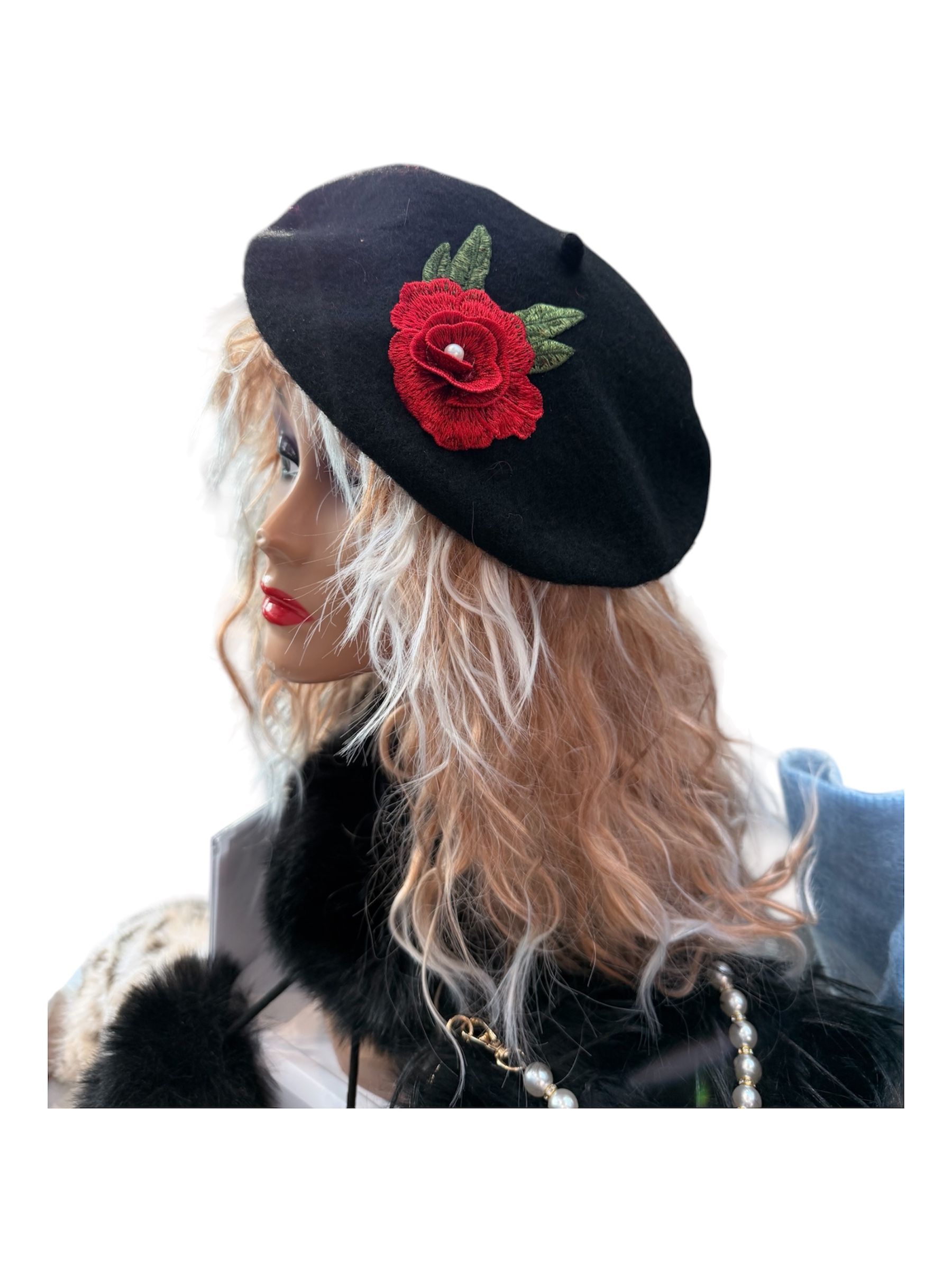 A black romantic embroided rose beret inspired by classic Parisian style.