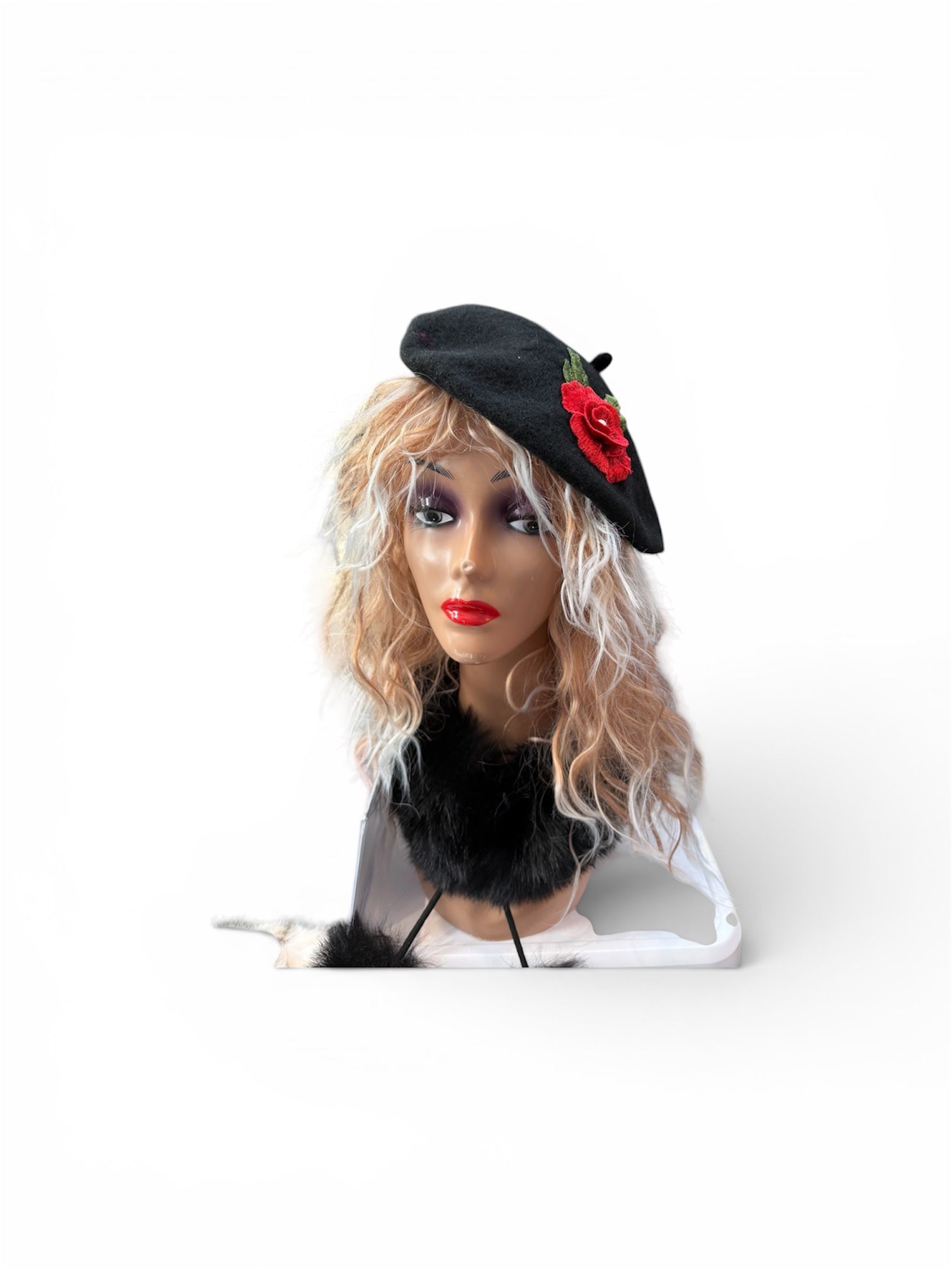 A black romantic embroided rose beret inspired by classic Parisian style.