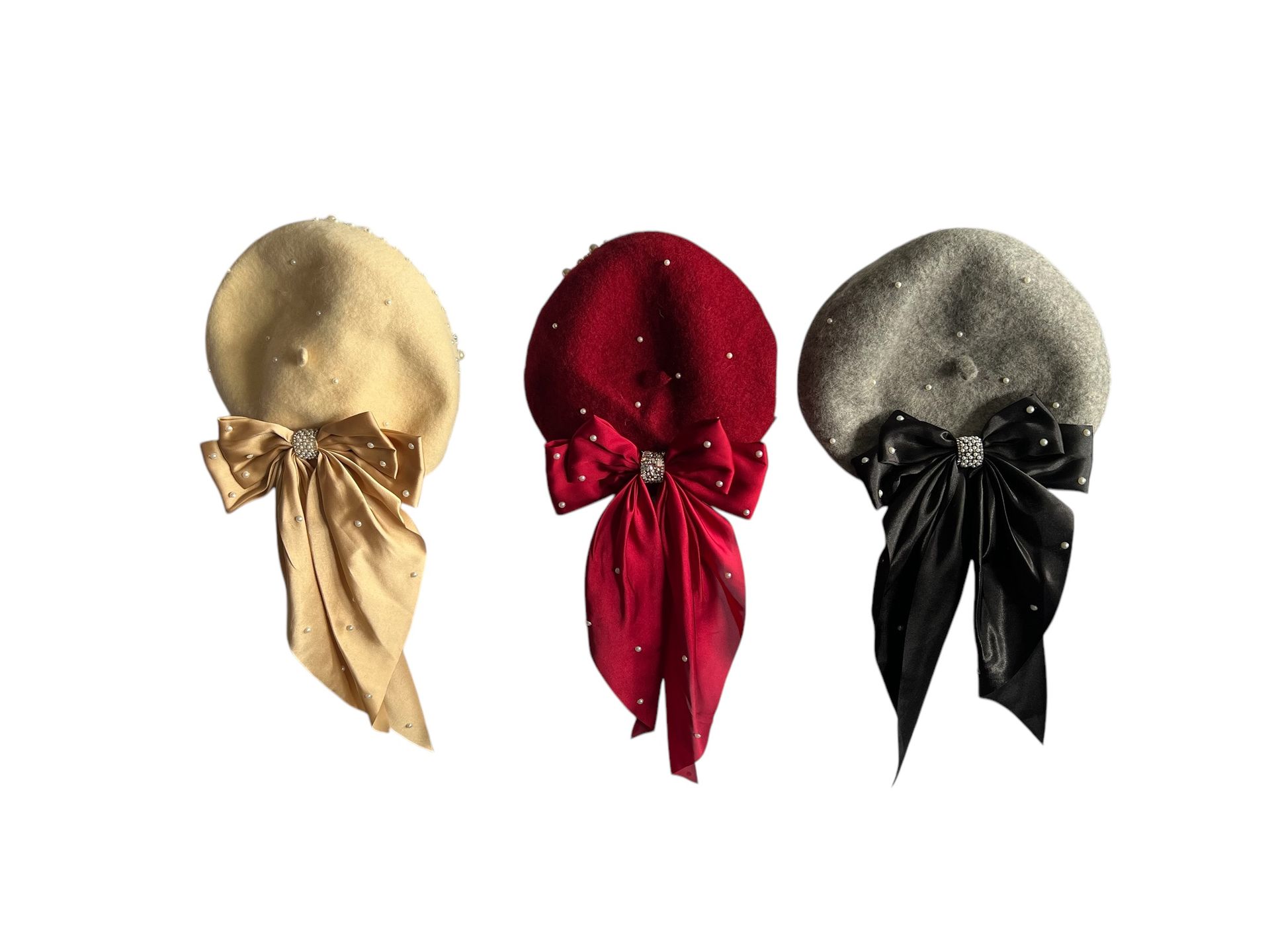 Bow Beret in Cream, Grey and Burgundy