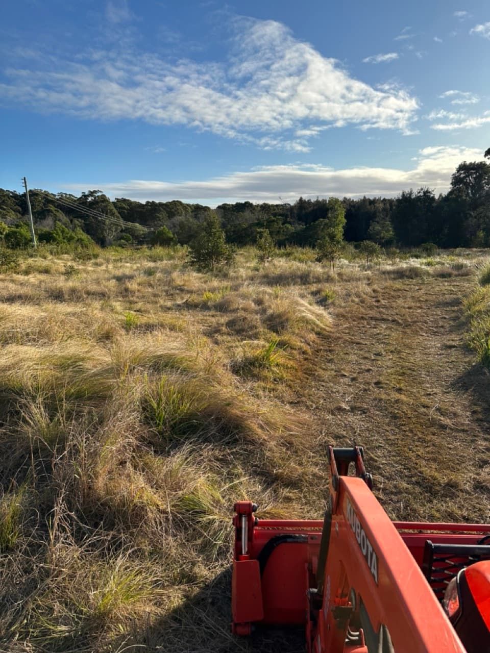 A Red Tractor Driving Through A Field Of Dry Grass — Sal's Excavations In Falls Creek, NSW