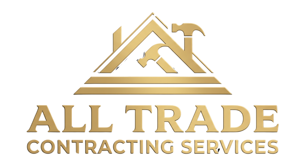 Gold &ldquo;ALL TRADE CONTRACTING SERVICES&rdquo; logo with house and hammer icon on a white background