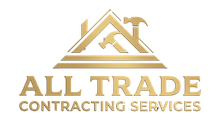 Gold “ALL TRADE CONTRACTING SERVICES” logo with house and hammer icon on a white background