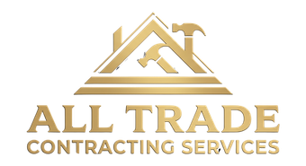 Gold “ALL TRADE CONTRACTING SERVICES” logo with house and hammer icon on a white background