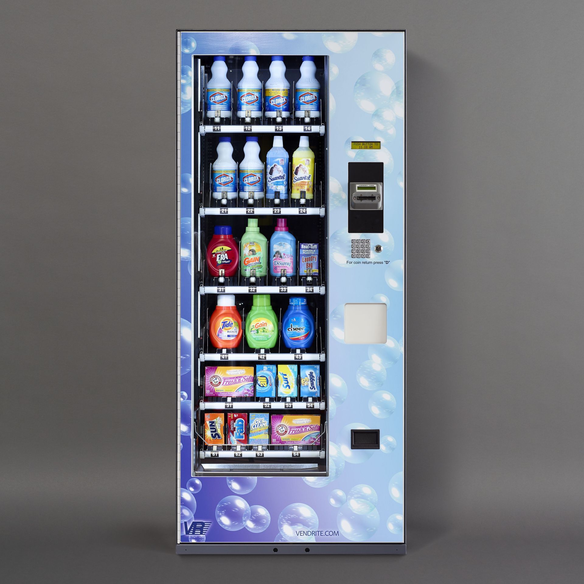 A vending machine filled with bottles of laundry detergent