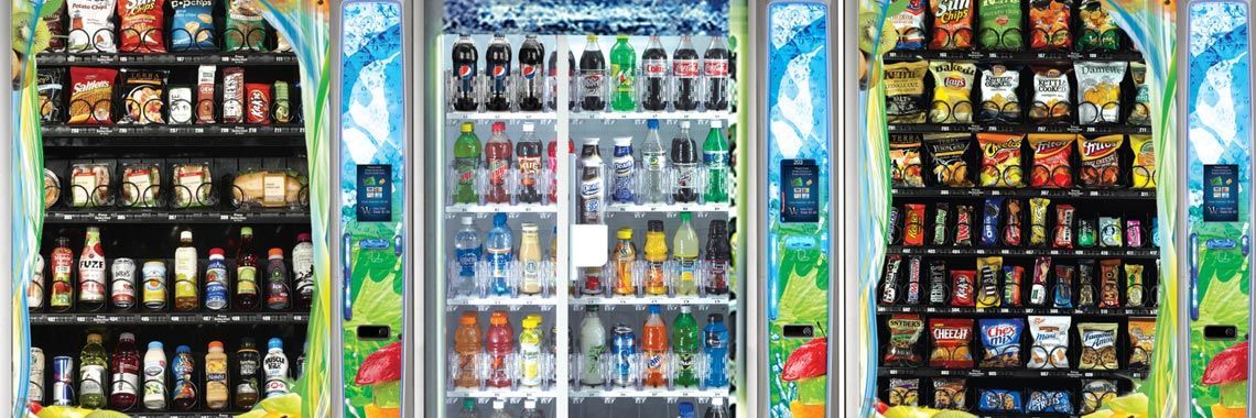 Three vending machines are filled with lots of drinks and snacks.