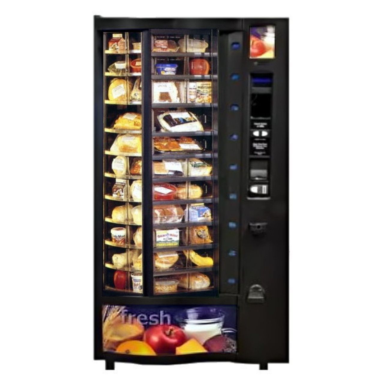 A vending machine filled with fruits and vegetables on a white background.
