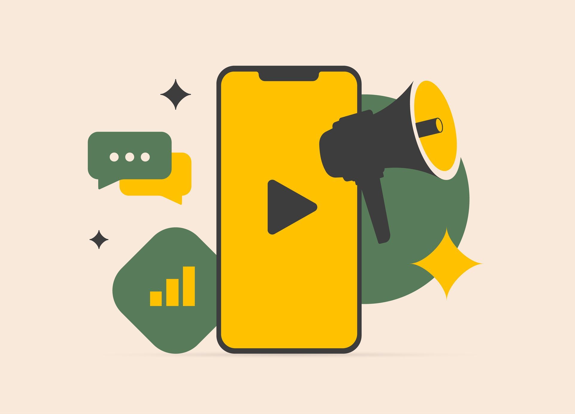 An illustration of a cell phone with a megaphone and speech bubbles.