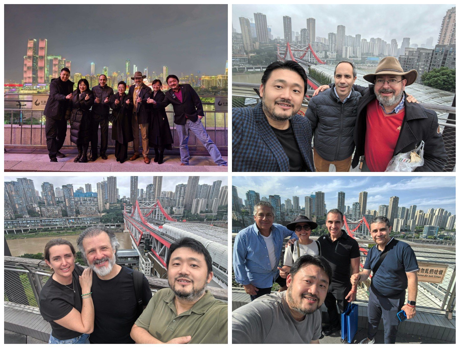 Collage of four tour photos with guide David in Chongqing: a night group at the skyline viewpoint, a selfie with two guests from Spain by the red bridge, a couple at a Jialing River viewpoint, and a Latin American group selfie
