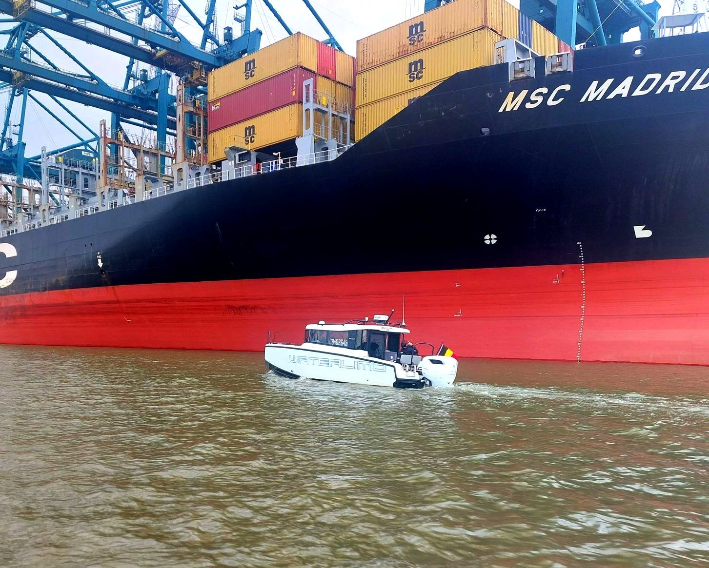 Small white boat near a large black cargo ship, 