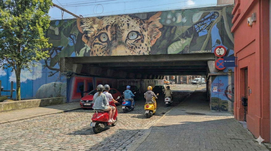 Scooters ride under a bridge with a leopard mural. Cobblestone street. Bright colors.