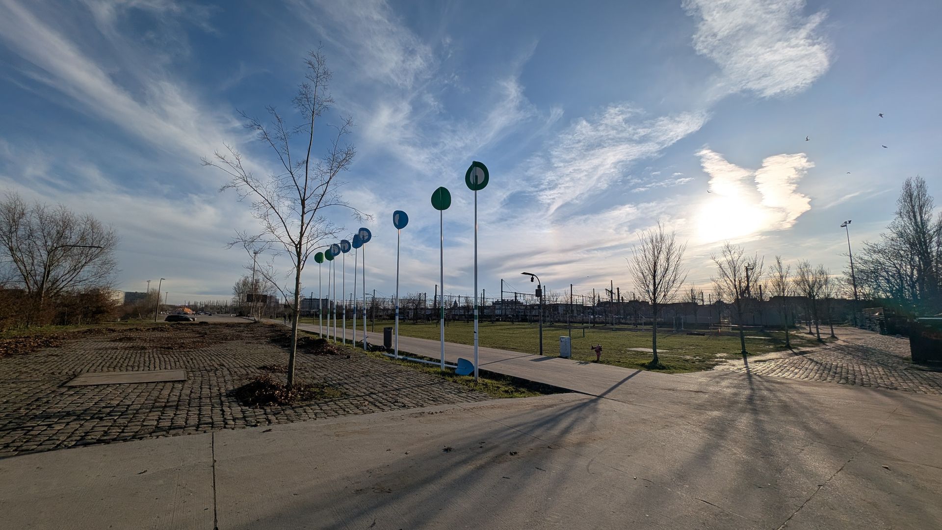 Sunny park scene with a pathway, trees, and blue sky. Green signposts stand in a row.