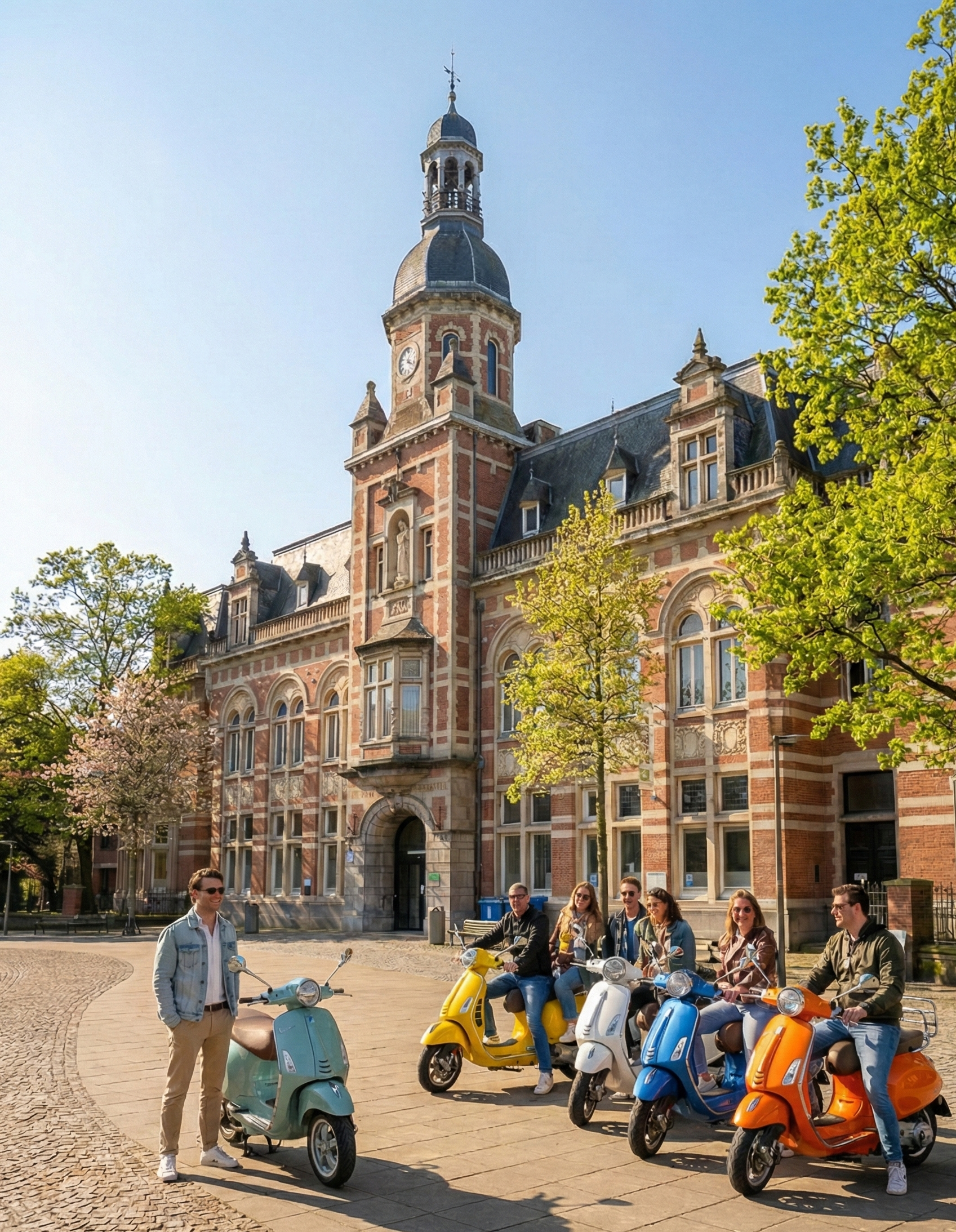 Group of people on colorful scooters in front of a historic building with a clock tower.